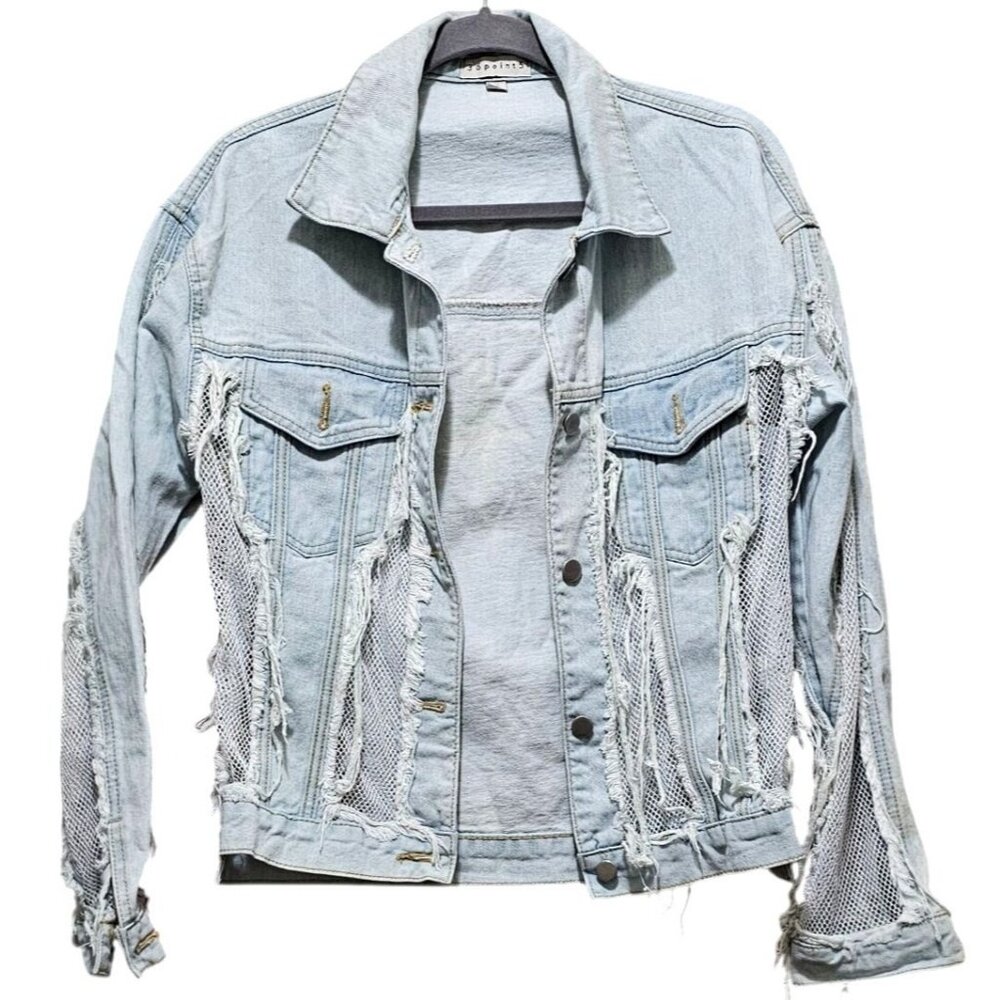 Distressed Light Wash Denim Jacket With Mesh Inserts Frayed Detailing & Button C - Picture 3 of 13